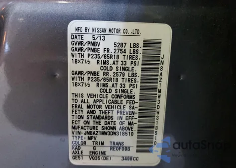 2013 Nissan Murano S z USA, uszkodzony, nr VIN JN8AZ1MW3DW318510